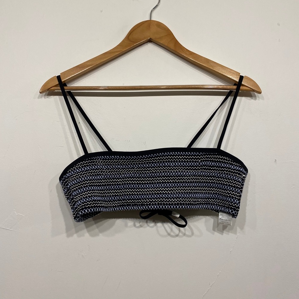 Kisuii Smocked Bandeau Bikini Top Black White Blue Embroidered Strappy Medium